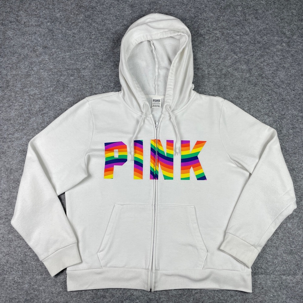 Pink Victoria's Secret Full Zip Hoodie Womens XL White Rainbow Swirl Print